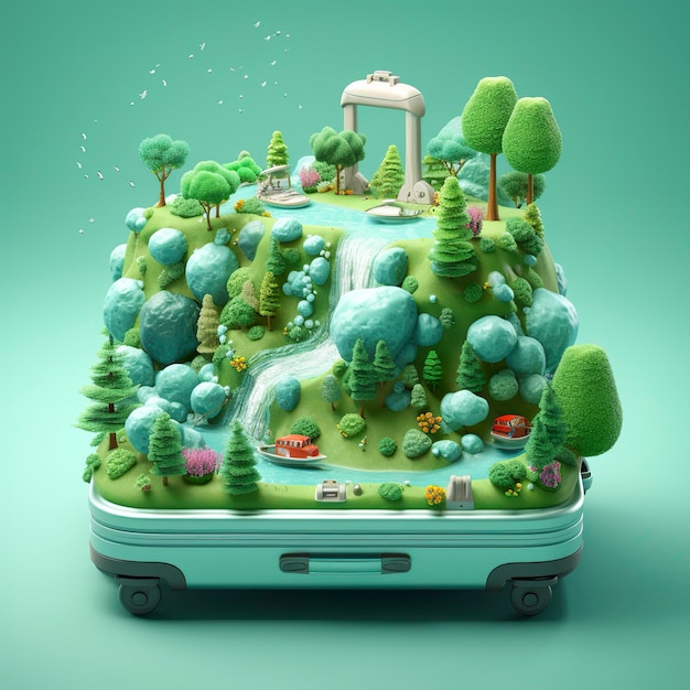 Illustration de paysage 3D surréaliste d'une rivière forestière avec des bagages en vert clair et bleu clair