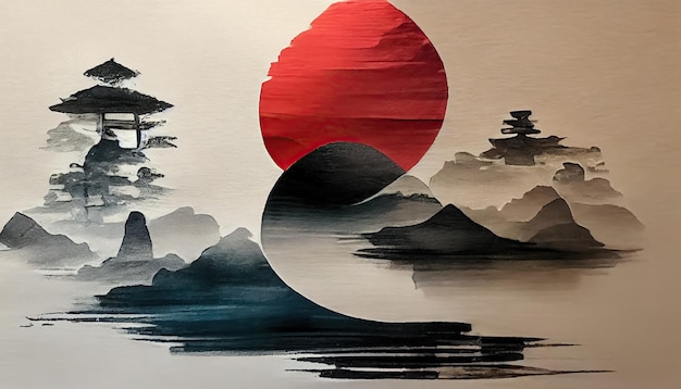 Photo illustration de paysage abstrait oriental illustration 3d de style de peinture à l'aquarelle japonaise