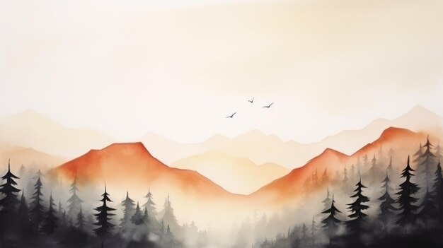 Photo illustration d'un paysage à l'aquarelle du sommet de la montagne brumeuse