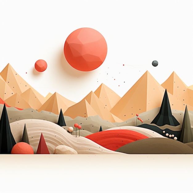 une illustration d'un paysage avec des arbres de montagnes et une boule rouge