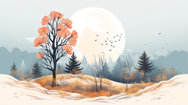 une illustration d'un paysage d'automne avec des arbres et des oiseaux