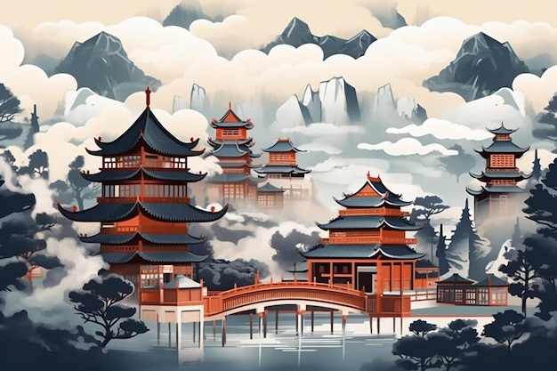 illustration d'un paysage chinois avec un pont et des pagodes
