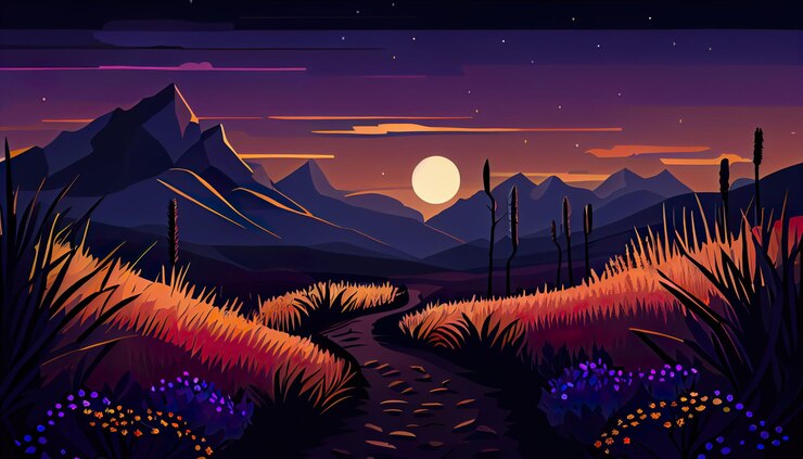 Photo illustration de paysage coucher de soleil dans les montagnes et sentier dans le champ de blé