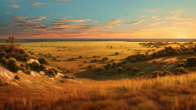 Illustration de paysage de coucher de soleil hyper réaliste Prairie australienne à l'heure d'or