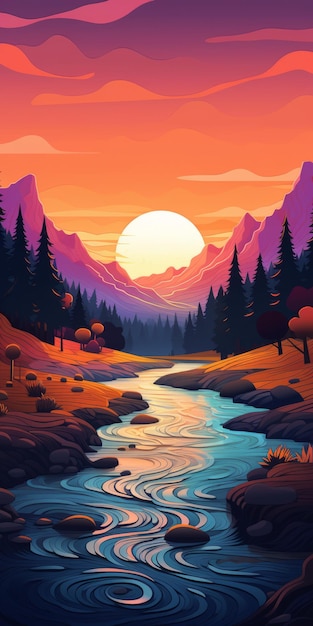 Illustration De Paysage De Coucher De Soleil Vibrant Avec Montagnes Et Rivière