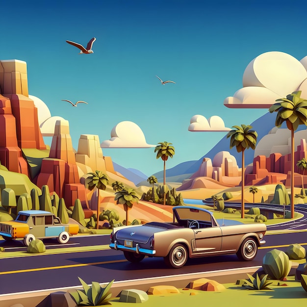 Illustration d'un paysage désertique avec une voiture et un bus IA générative