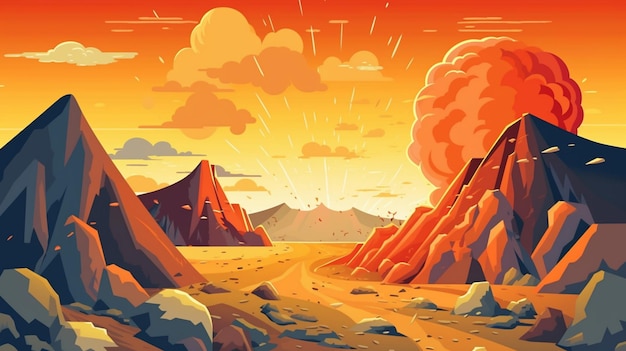 Illustration d'un paysage désertique avec un volcan et une route générative ai