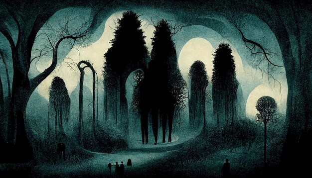 Illustration de paysage effrayant de forêt hantée Fond de forêt d'Halloween fantastique Art numérique