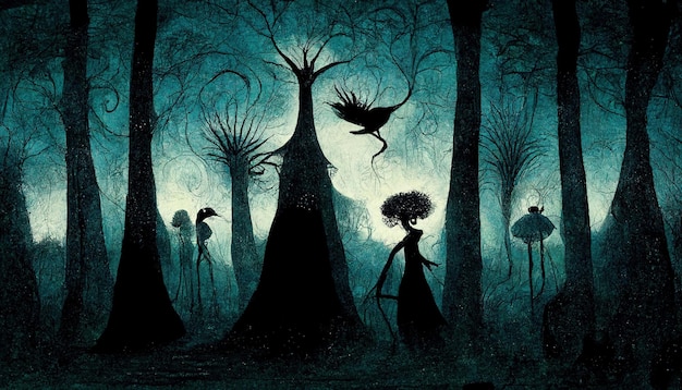 Illustration de paysage effrayant de forêt hantée. Fond de forêt d'Halloween surréaliste fantastique.