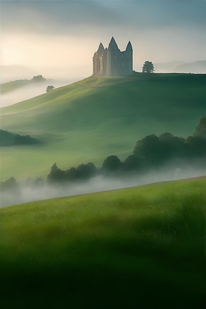 illustration d'un paysage avec une église un jour de brouillard