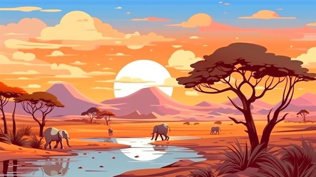 Illustration d'un paysage avec des éléphants et une rivière au milieu de l'ai générative