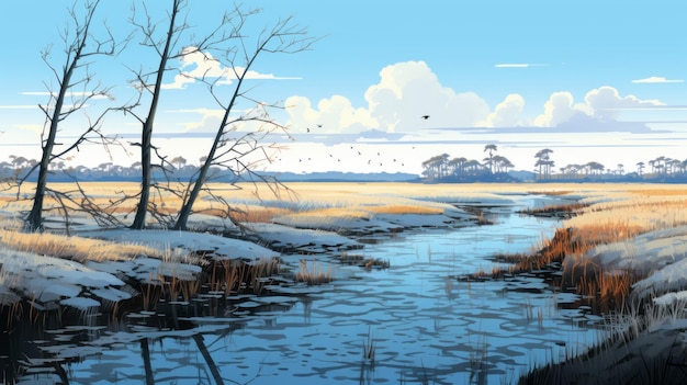 Illustration d'un paysage enneigé sur la côte du Suffolk