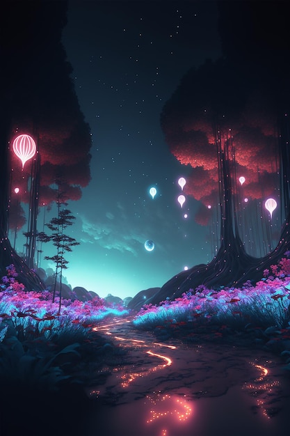 Illustration d'un paysage fantastique abstrait avec des cristaux et un chemin lumineux dans la forêt AI générative