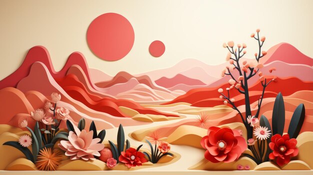 Illustration de paysage de fleurs et de plantes en papier rose