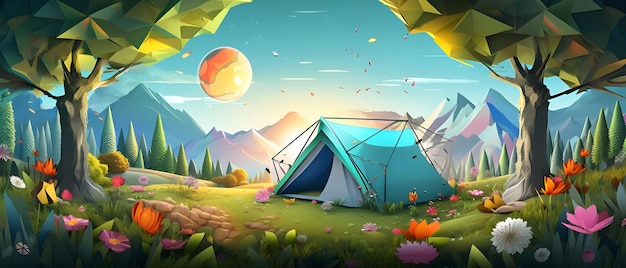 Illustration de paysage géométrique abstrait d'un arbre de tente à fleurs de camping généré par Ai