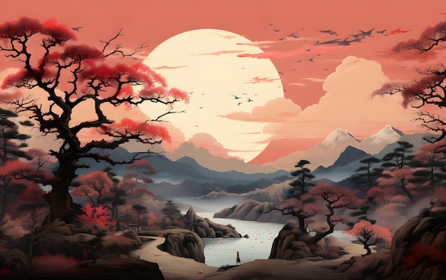 Illustration de paysage japonaise rétro