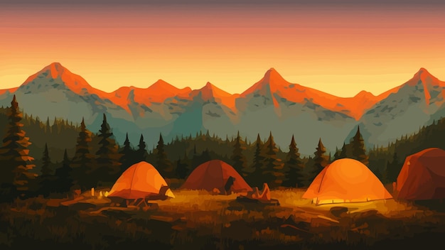 Illustration de paysage de journée ensoleillée dans un style plat avec des montagnes de feu de camp de tente