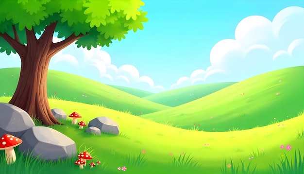 illustration de paysage joyeux paysage de style dessin animé détails vibrants au premier plan gros rochers avec