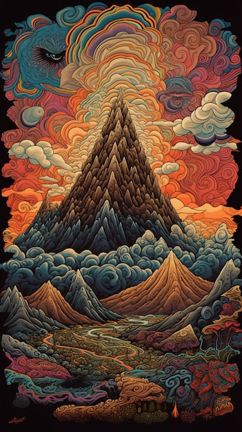 Une illustration d'un paysage luxuriant psychédélique avec des pyramides et des montagnes