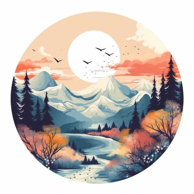 une illustration d'un paysage de montagne avec des oiseaux qui le survolent