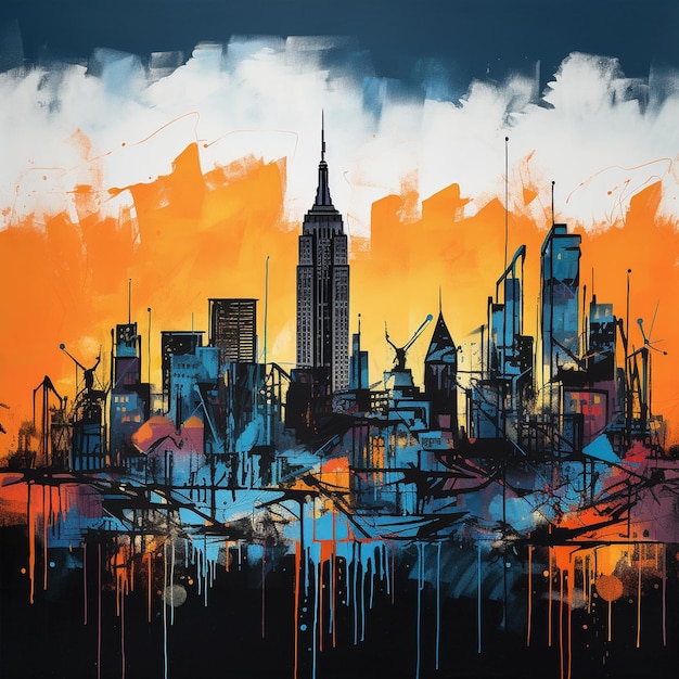 illustration de paysage new york skyline style graffiti bleu et orange