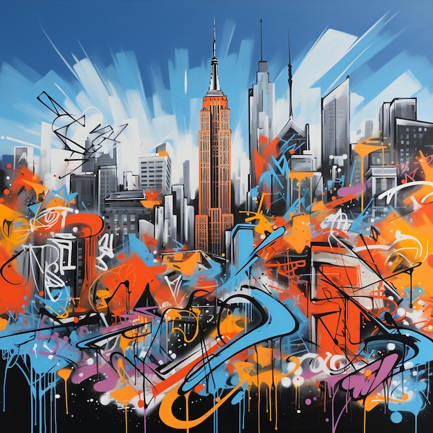 illustration de paysage new york skyline style graffiti bleu et orange