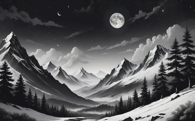 Illustration d'un paysage en noir et blanc avec une montagne et une lune