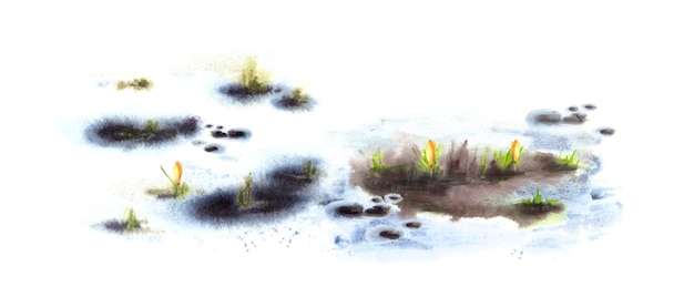 Photo illustration de paysage peinte à l'aquarelle l'arrivée du printemps le réveil de la nature après la fonte de l'hiver