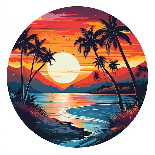 Illustration de paysage de plage tropicale paradis dans un cercle