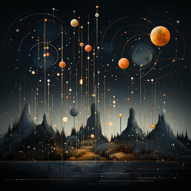 Illustration d'un paysage avec des planètes et des étoiles dans le ciel