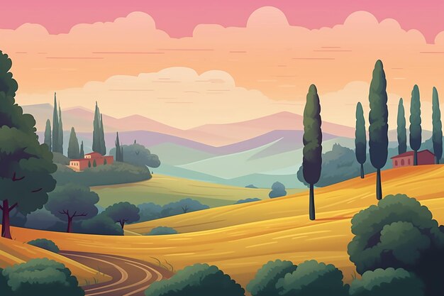 illustration d'un paysage rural avec une route et des arbres IA générative