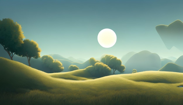 Illustration de paysage simple, un champ vert et des arbres, et un ciel lumineux en arrière-plan