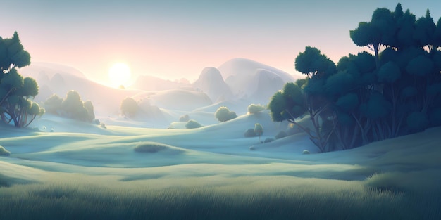 Illustration de paysage simple, un champ vert et des arbres, et un ciel lumineux en arrière-plan