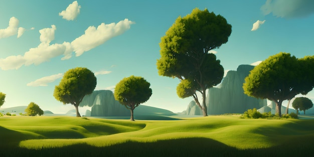 Illustration de paysage simple, un champ vert et des arbres, et un ciel lumineux en arrière-plan