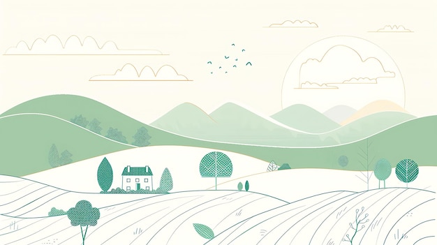 Une illustration de paysage simple et sereine avec une maison sur des collines et un soleil couchant