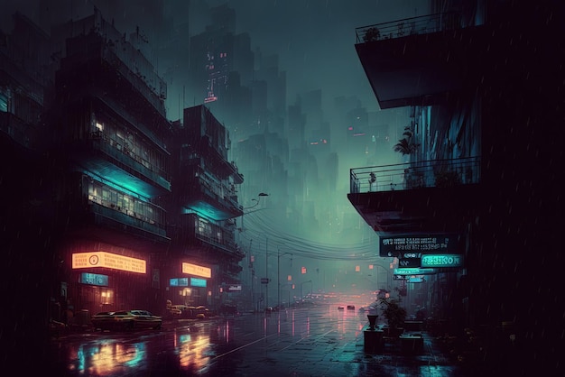 Illustration de paysage urbain dystopique nocturne dans un style cyberpunk, idéale pour une utilisation en 4K