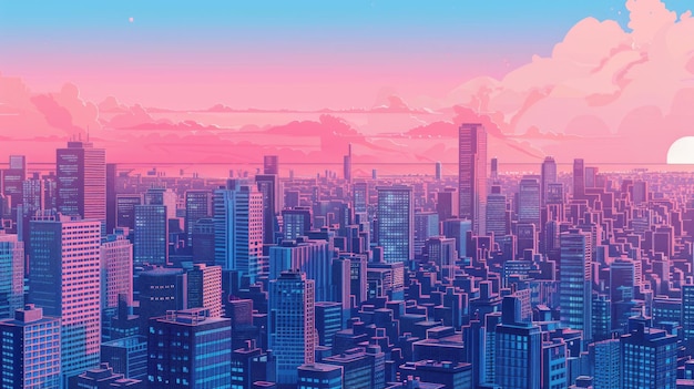 Illustration de paysage urbain rétrofuturiste avec un grand soleil