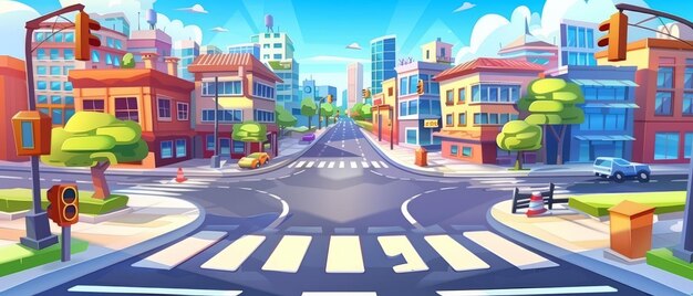 Une illustration d'un paysage urbain avec des rues qui se croisent aux coins et des immeubles de grande hauteur Cette illustration moderne représente un paysage urban avec des maisons, une autoroute et des feux de circulation