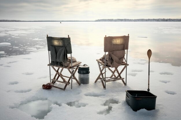 illustration pêche d'hiver avec une paire de chaises sur la glace ai générative