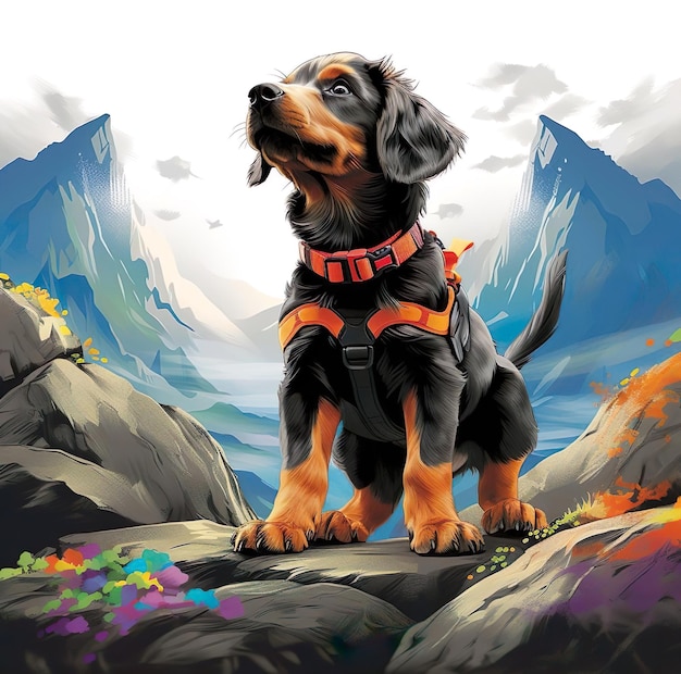 Une illustration peinte d'un chien avec un gilet avec une vue sur les montagnes derrière lui