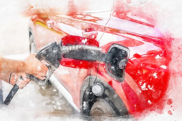 Illustration de peinture à l'aquarelle d'une femme avec un pistolet à carburant et une voiture rouge