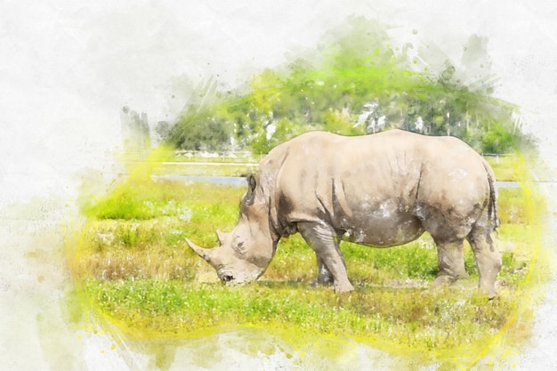 Illustration de peinture à l'aquarelle de rhinocéros blanc sur fond blanc