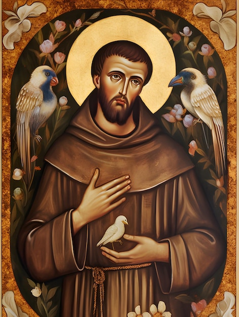 Illustration de peinture d'art de St Saint François d'Assise avec des oiseaux Ai générative