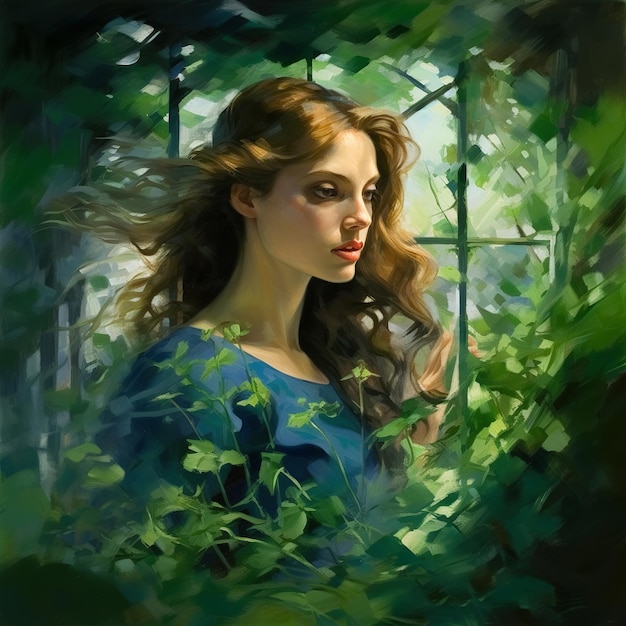 illustration de la peinture à l'huile d'une femme au visage vert et luxuriant