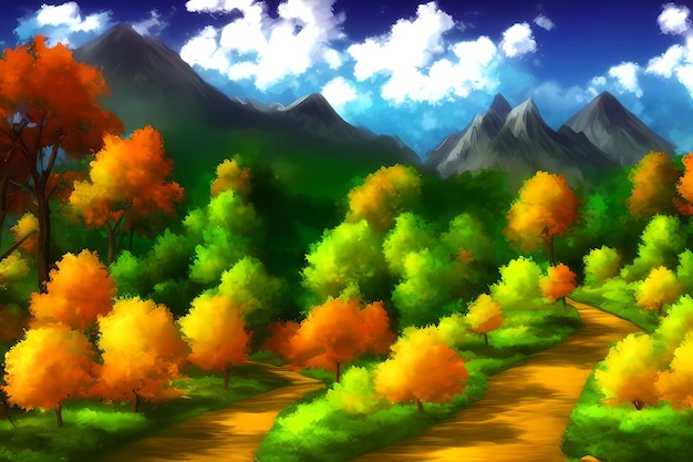 Illustration de peinture numérique de scène de paysage avec de beaux arbres de prairies de montagnes de verdure