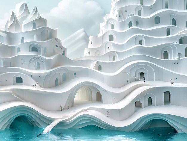 Illustration d'une peinture de paysage en papier d'une ville côtière de maisons blanches