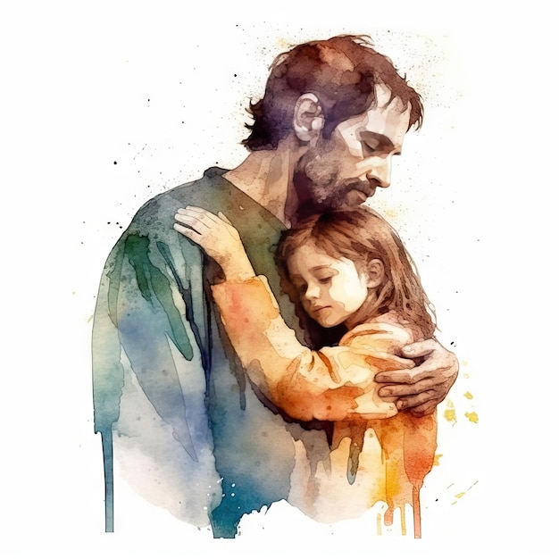 Illustration d'une peinture d'un père et d'un fils utilisant des aquarelles colorées avec des expressions