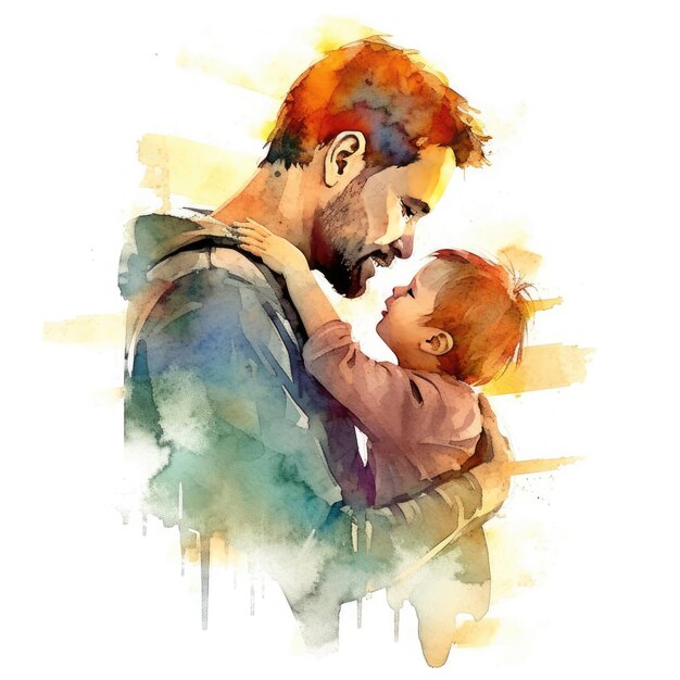 Illustration d'une peinture d'un père et d'un fils utilisant des aquarelles colorées avec des expressions