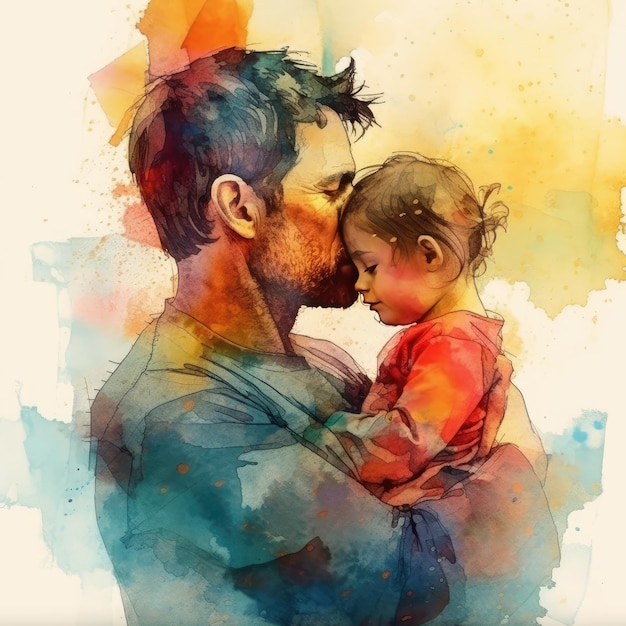 Illustration d'une peinture d'un père et d'un fils utilisant des aquarelles colorées avec des expressions