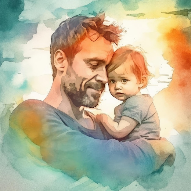 Illustration d'une peinture d'un père et d'un fils utilisant des aquarelles colorées avec des expressions